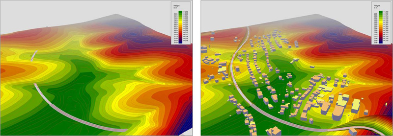 SoundPLAN - Modelo digital del terreno sin y con otros elementos